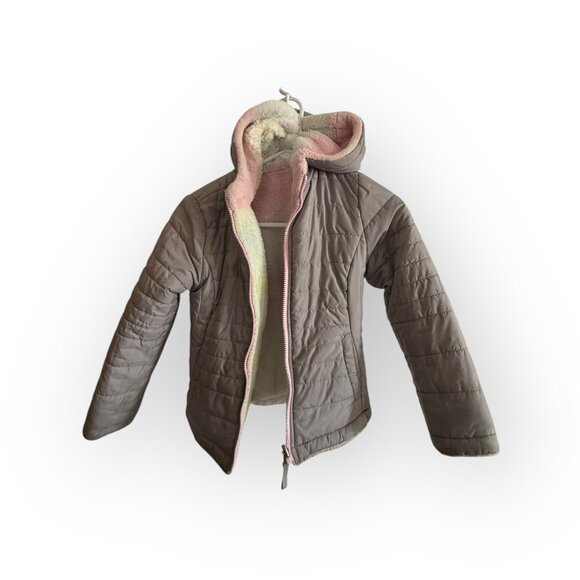 Girls’ Size 7/8 Reversible Jacket – Quilted Gray & Plush Tie-Dye Coat - Picture 1 of 5